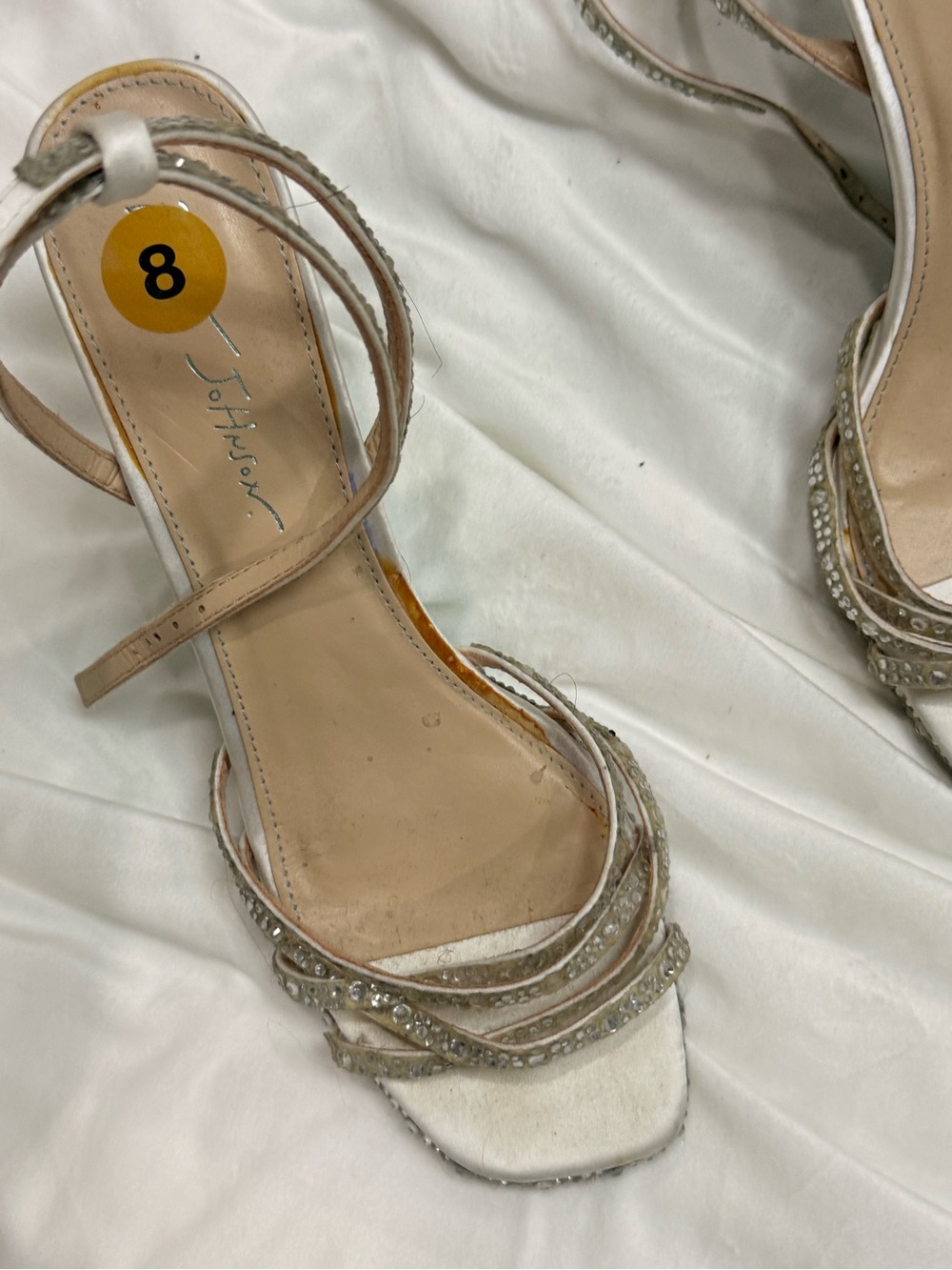 Betsey Johnson Silver and Cream Strappy Crystal Heels